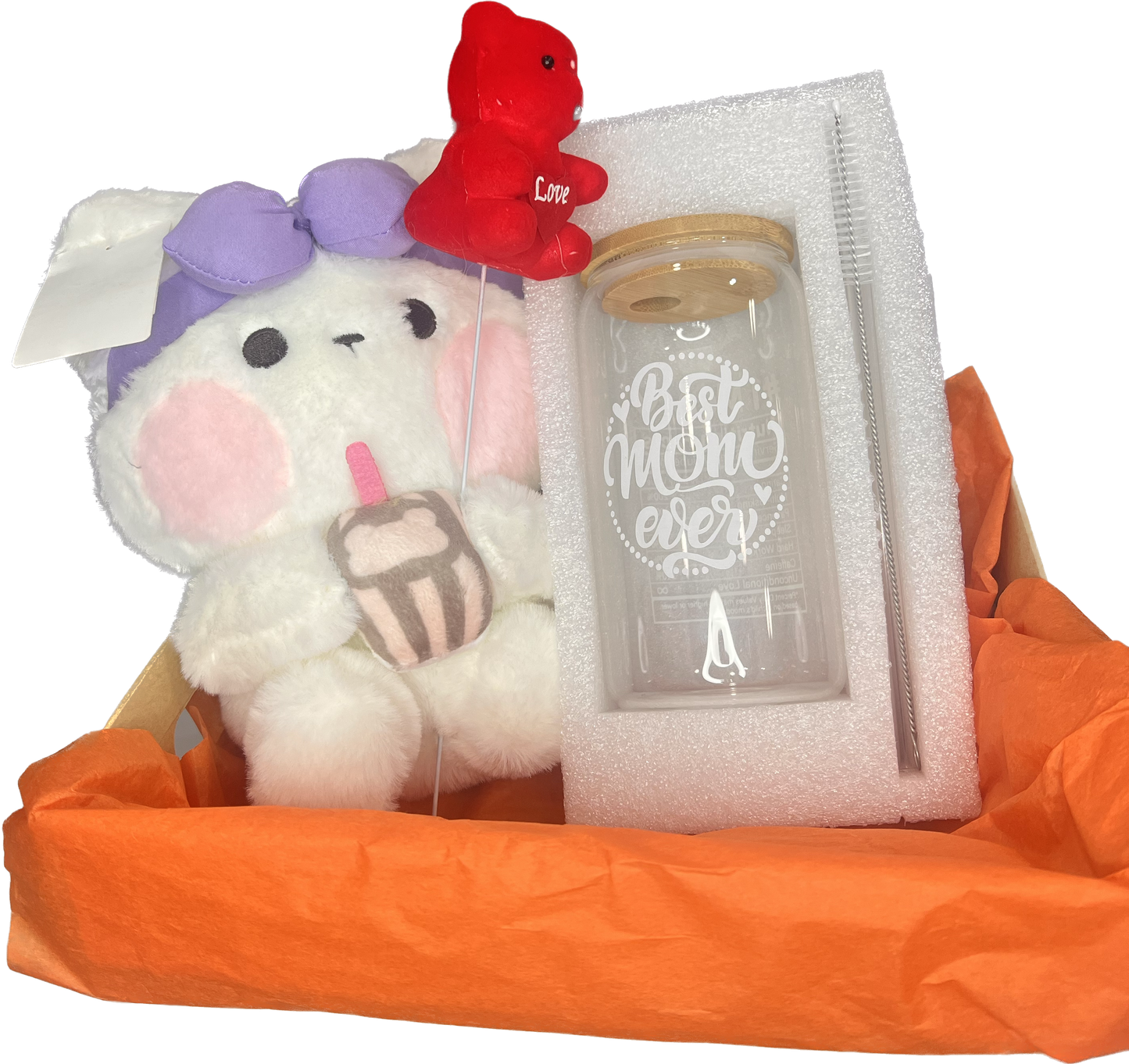 Mothers day basket 12-inch stuffed bunny, 16-inch glass tumbler with bamboo lid, small makeup bag/mini purse, cookies & cream chocolate stick