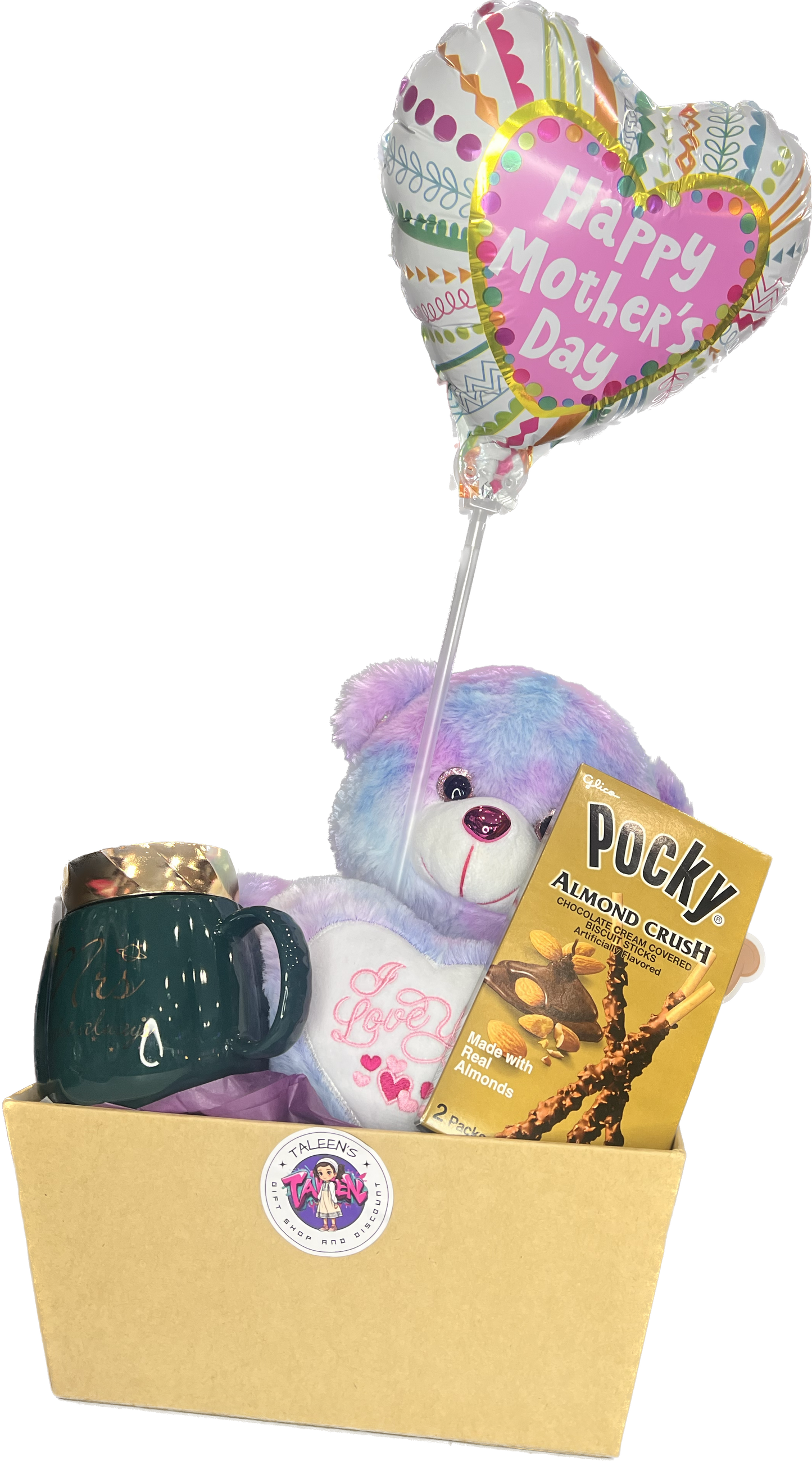 Mothers day basket 13- inch Unicorn rose teddy bear,Almond pocky chocolate stick,Spiral mug