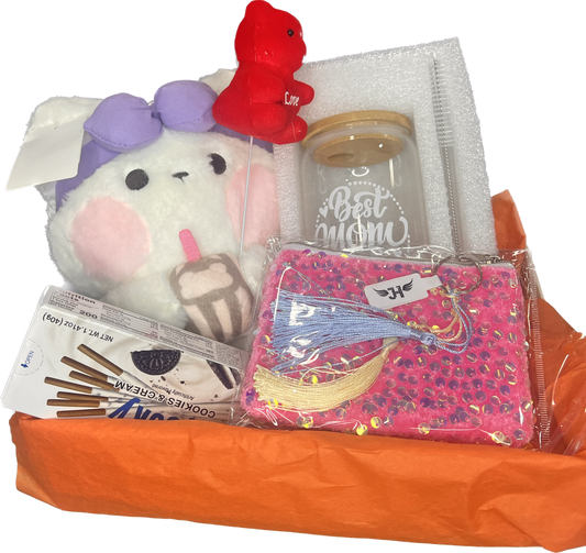 Mothers day basket 12-inch stuffed bunny, 16-inch glass tumbler with bamboo lid, small makeup bag/mini purse, cookies & cream chocolate stick